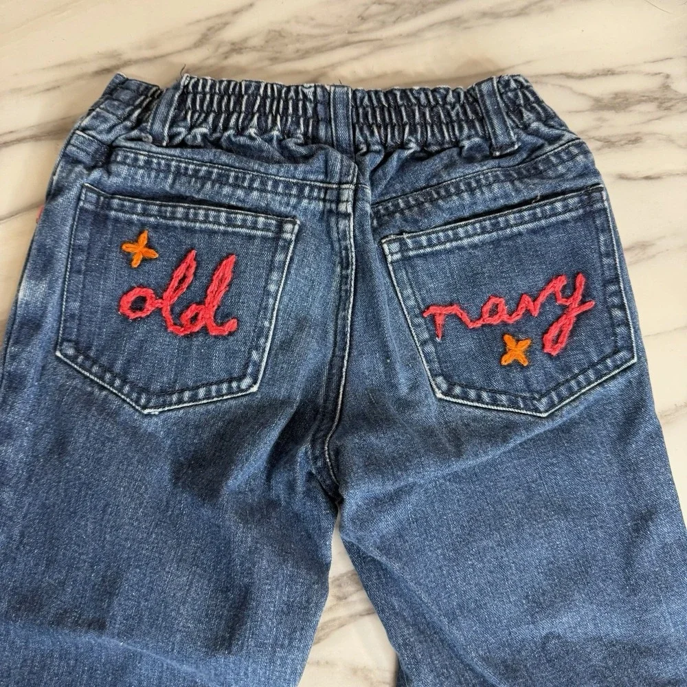 Vintage Old Navy Girls Sz 4 4T Jeans Embroidered Cat Floral Cottagecore Bootcut